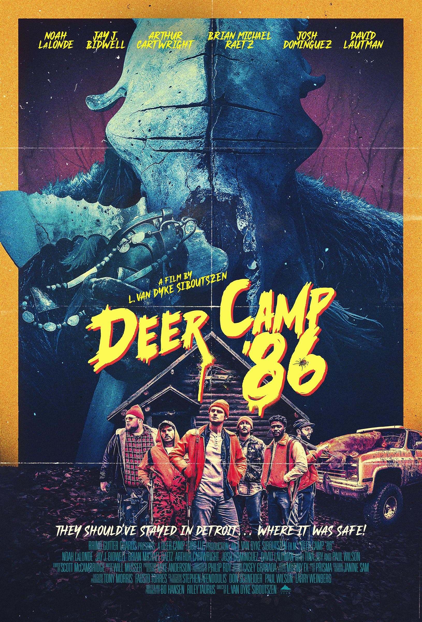 Deer Camp ’86 poster: a horned creature looms over six hunters in front of a cabin