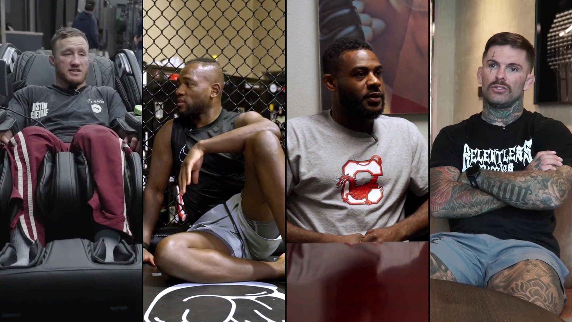 Four fighters mid-interview: Justin Gaethje, Manel Kape, Aljamain Sterling and Cody Garbrandt