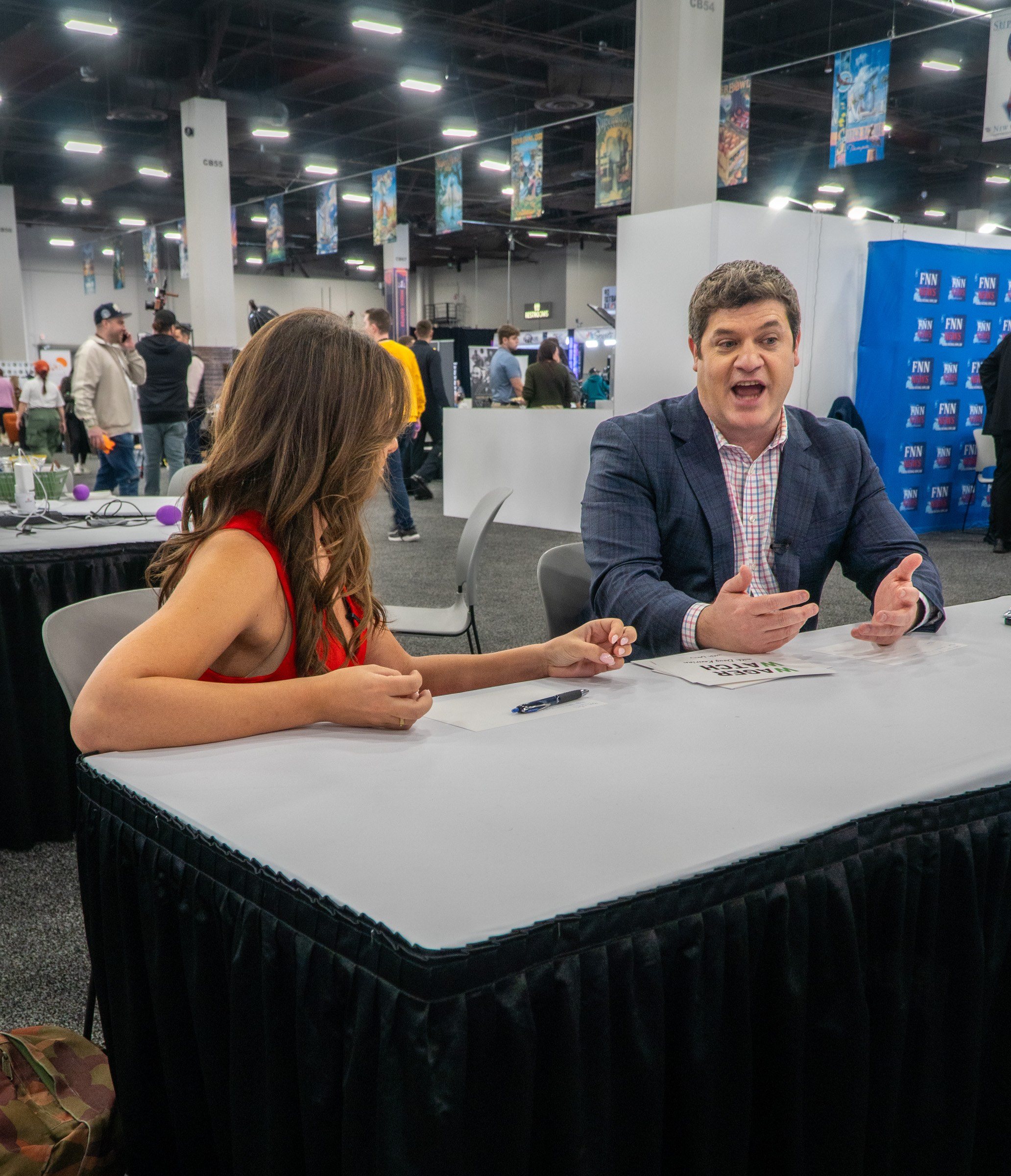 Animated guest mid-interview at Radio Row